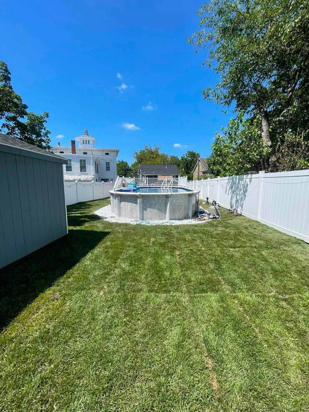 New sod across a fenced backyard with an above-ground pool