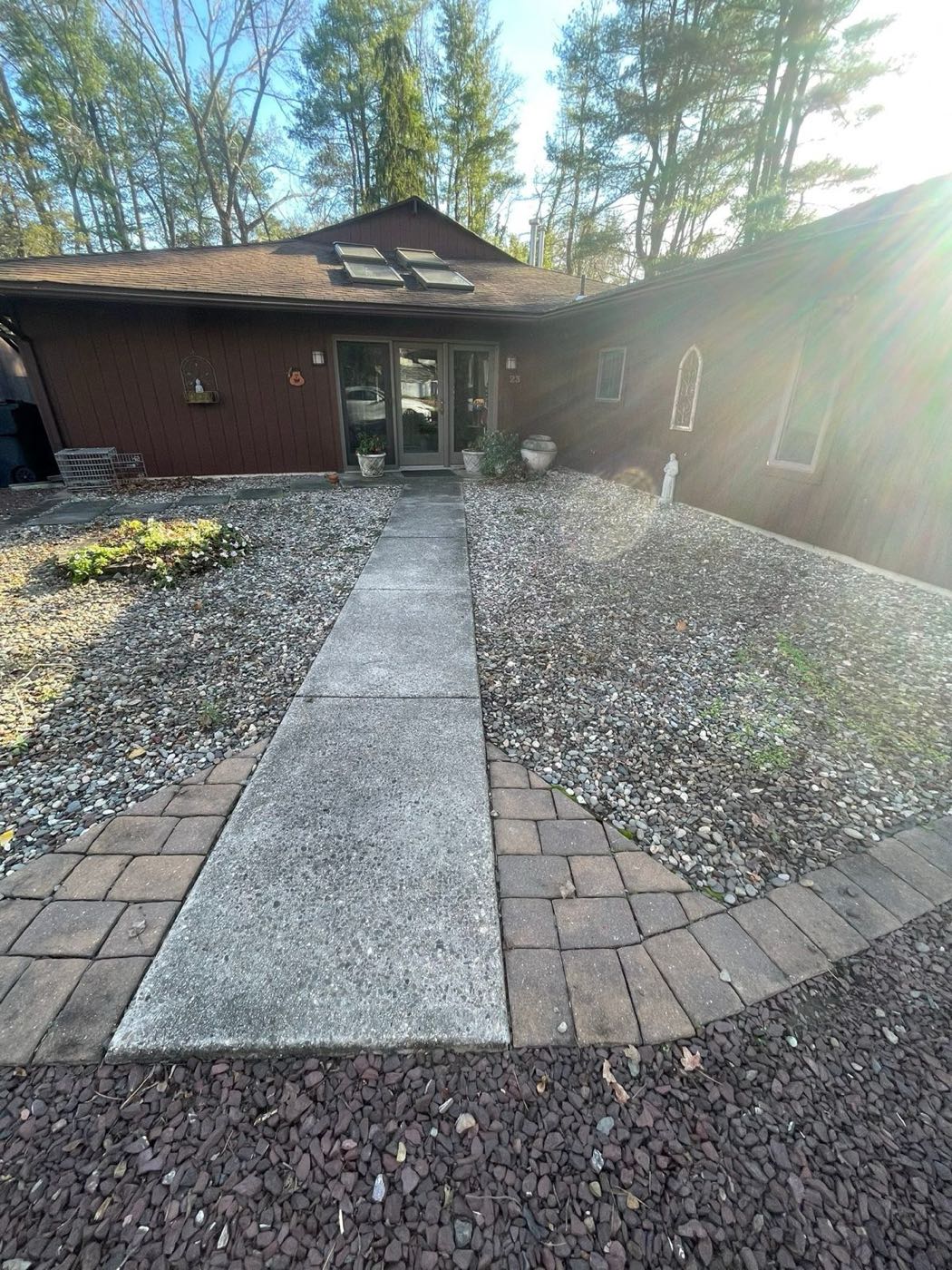 Stone and paver walk cleared of leaves